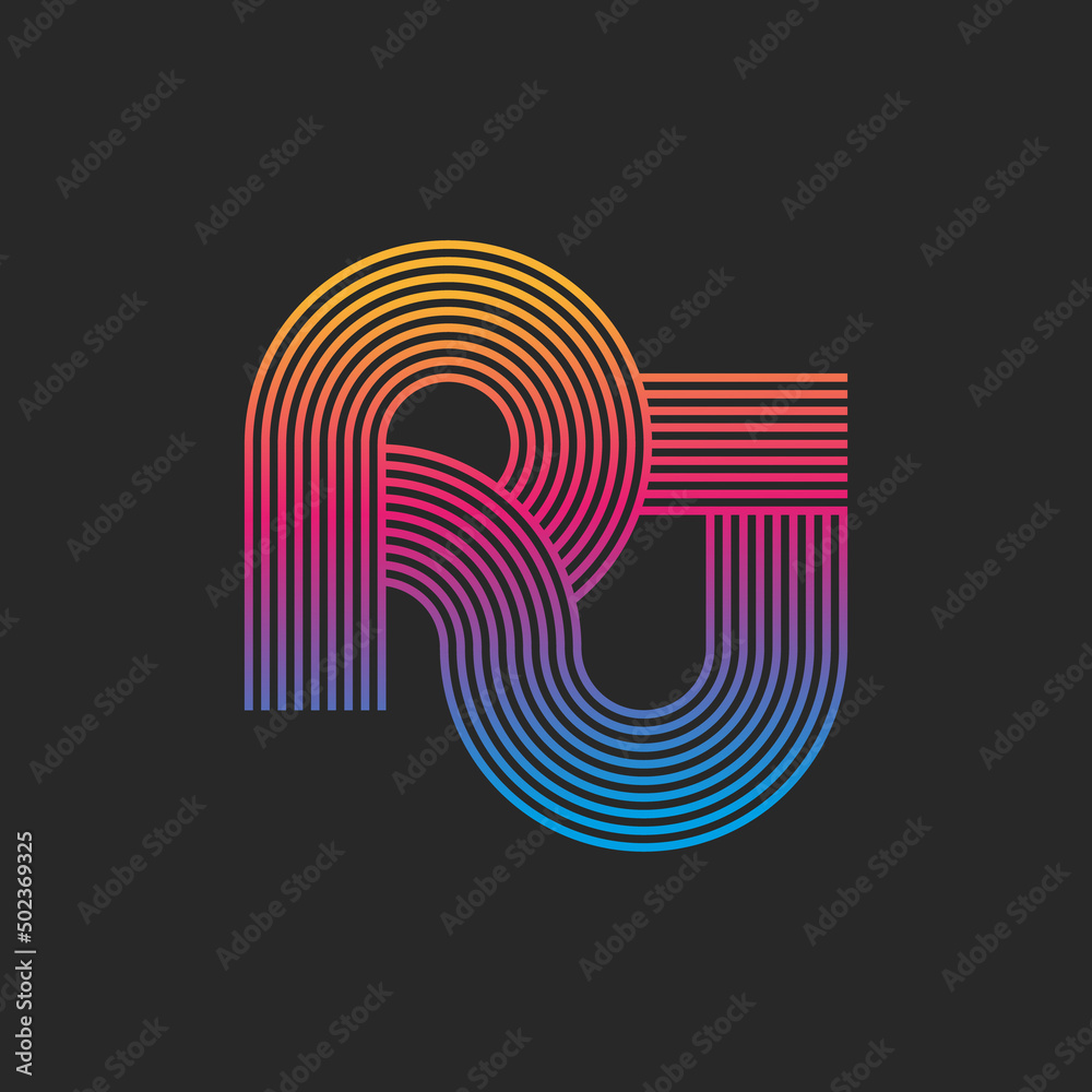 Linked letters RJ or JR logo monogram initials, parallel lines smooth typography design, two weaving letters R and J trendy colorful gradient. Linked letters RJ or JR logo monogram initials, parallel lines smooth typography design, two weaving letters R and J trendy colorful gradient.