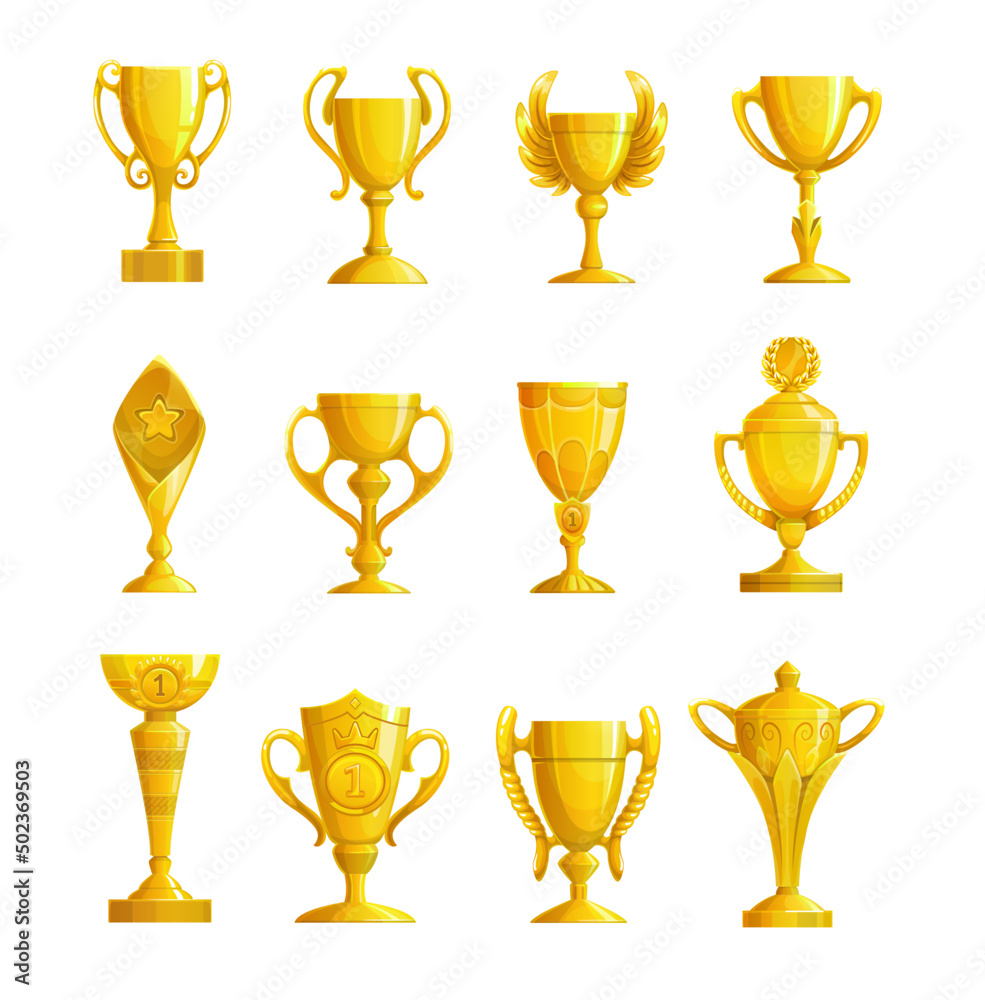 Golden prizes and cups, goblet reward for game winner vector icons. Gold cup trophy with wings for first place with victory stars and laurel wreath. Best champion prize or competition reward - obrazy, fototapety, plakaty 