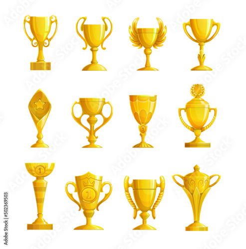 Golden prizes and cups, goblet reward for game winner vector icons. Gold cup trophy with wings for first place with victory stars and laurel wreath. Best champion prize or competition reward