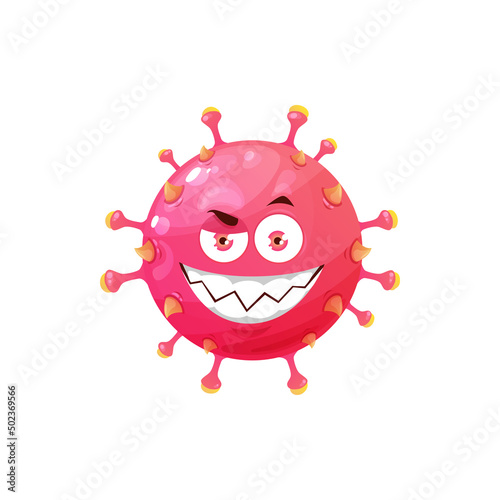 Cartoon virus cell vector icon, funny bacteria or germ character with angry grin face. Smiling pathogen microbe monster with big wink eyes, isolated coronavirus pink cell with sharp teeth
