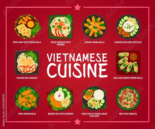 Vietnamese cuisine menu page. Wheat noodles with prawns, broken rice with shrimps and fried fish in tomato sauce, fresh shrimp, pork and beef spring rolls, caramelized pork, beef and chicken noodles