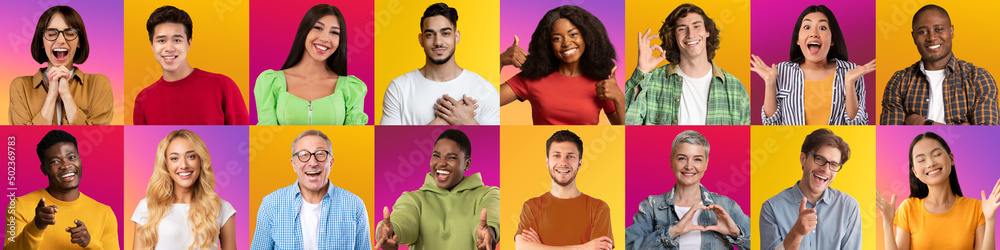 International group of people gesturing on colorful backgrounds, collage International group of people gesturing on colorful backgrounds, collage