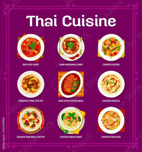 Thai cuisine menu, Asian restaurant food dishes and meals, vector. Thai cuisine and food of Bangkok with chicken curry with fried rice, duck in oyster sauce and pineapple pork stir fry