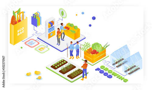 Farmers growing organic vegetables. People shopping with eco friendly bags, vector isometric illustration. Healthy life.