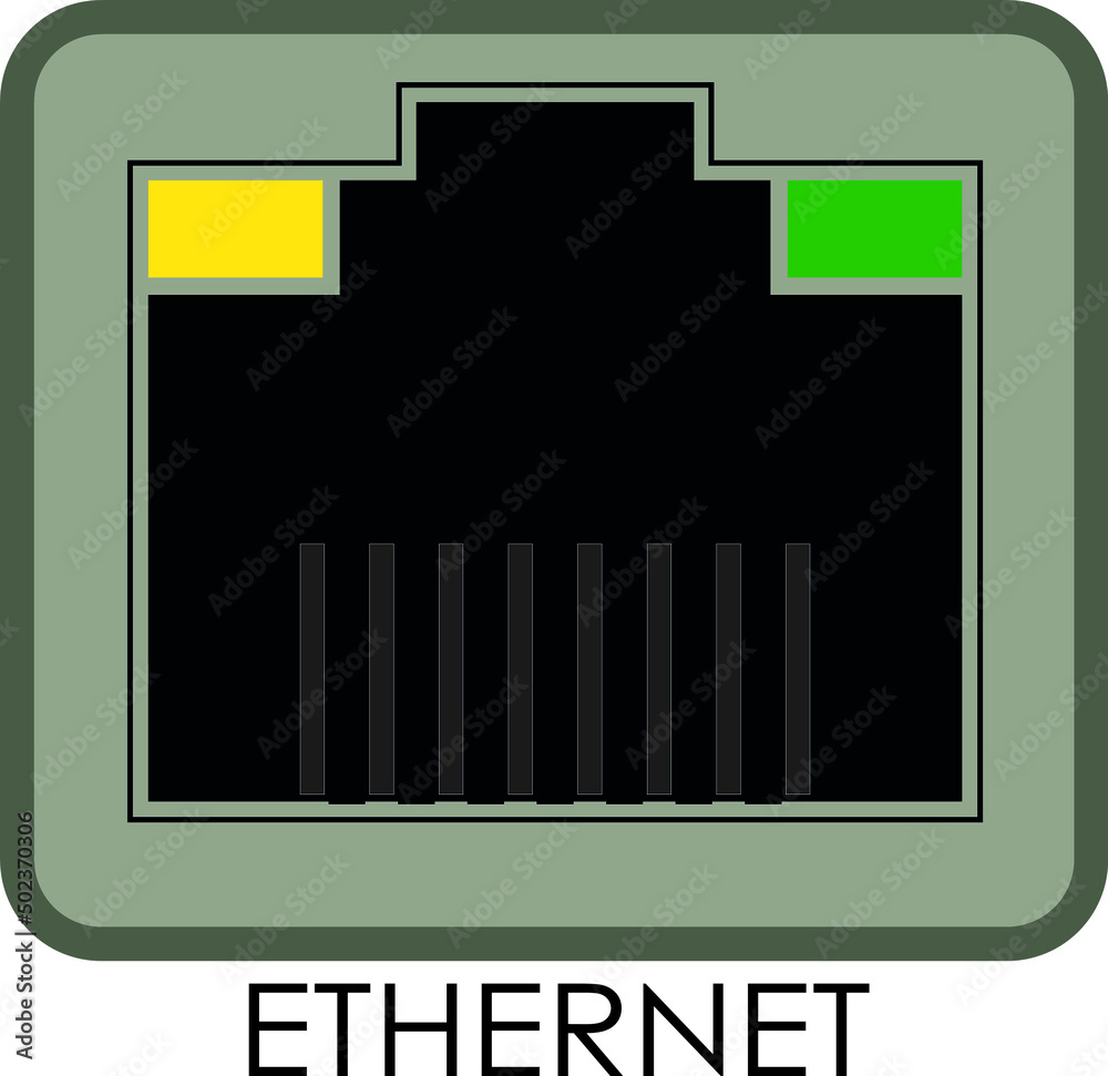 Ethernet port icon with LED, rj45 network socket, 8p8c network socket. Ethernet port icon with LED, rj45 network socket, 8p8c network socket.