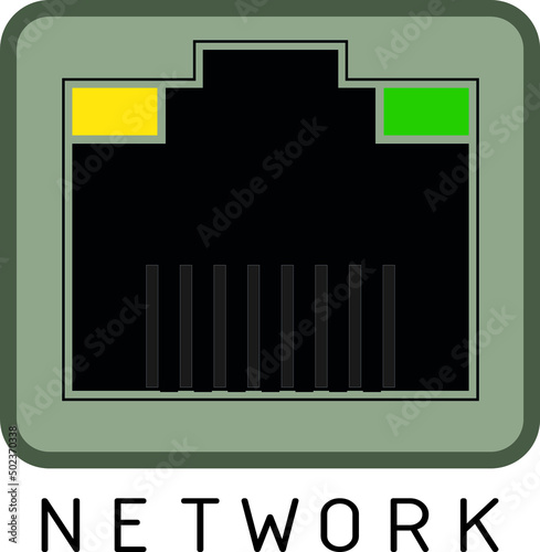 Ethernet port icon with LED, rj45 network socket, 8p8c network socket.