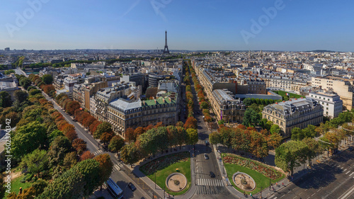 Panoramic aerial view of the Champs Elysees in Paris downtown, France. photo