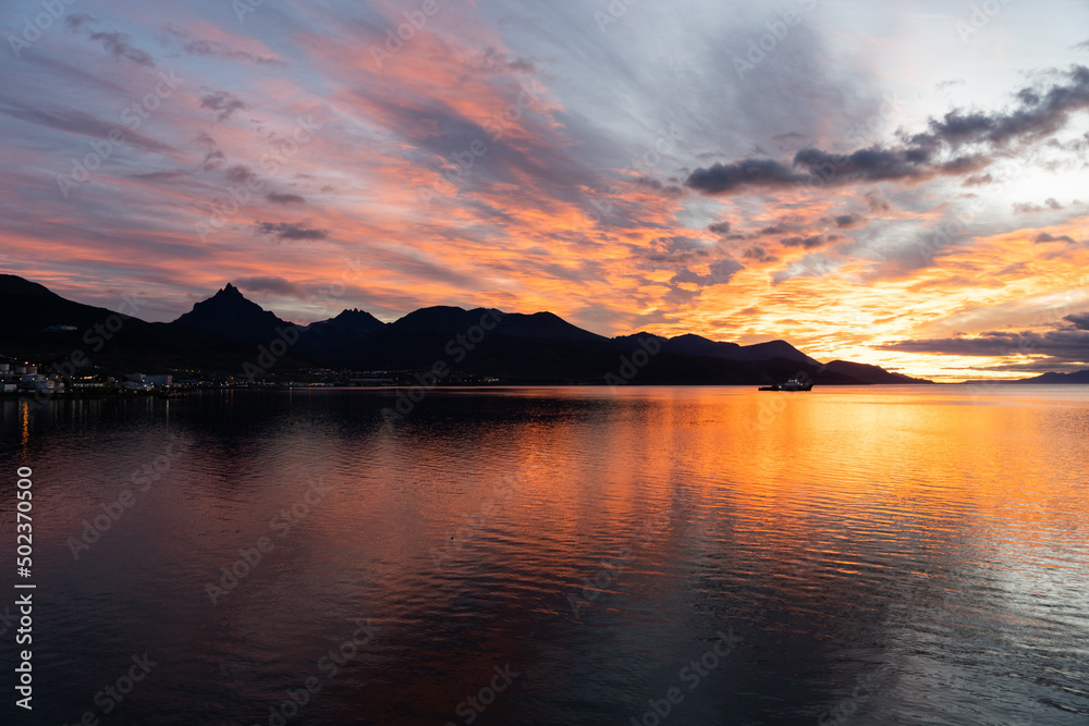 Colorful sunrise in the port of Ushuaia, Argentina