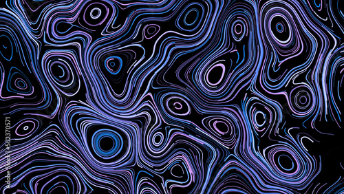 Psychedelic circular patterns on black background. Animation. Colorful neon lines draw circular patterns in retro style. Beautiful colored lines create curved and circular patterns