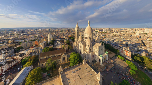 Panoramic aerial view of Sacred Heart basilica in Montmartre, Paris, France.