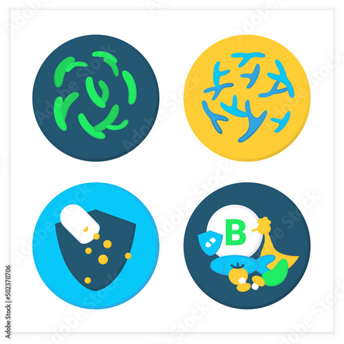 Probiotics flat icons set. Bifidobacterium, lactobacillus, pills, vitamin B source. Medicine and healthcare concept. Color vector illustrations