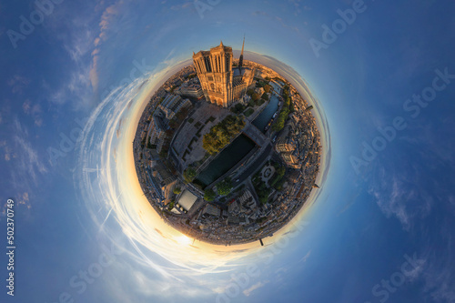Wallpaper Mural Panoramic 360 degrees aerial view of Notre Dame Basilica at sunset in Paris, France. Torontodigital.ca