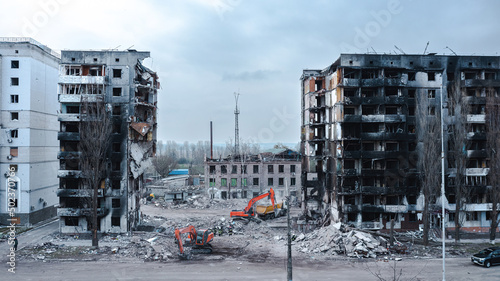 War in Ukraine, Destroyed apartment building, Borodyanka, Kyiv region, aerial photography.