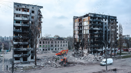 War in Ukraine, Destroyed apartment building, Borodyanka, Kyiv region, aerial photography.