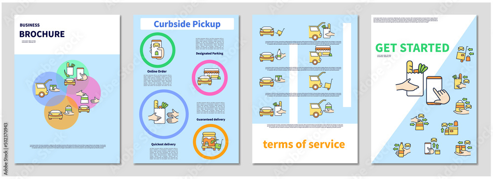 Curbside pickup brochure. Contactless parcel obtaining. Application get started. Terms of service templates.Minimal brochure layout and modern report flyers poster template