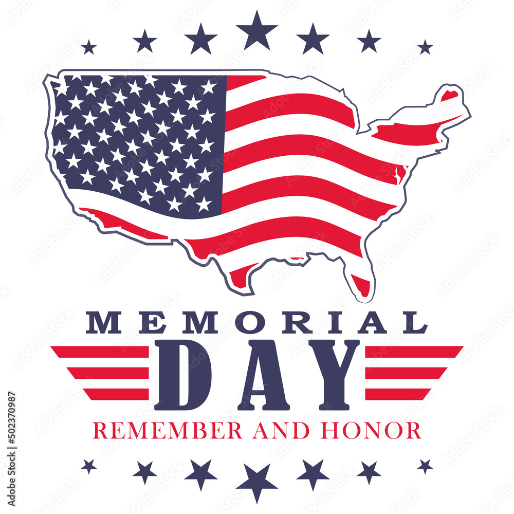Memorial Day inscription with stars, stripes and flag. Template for celebration USA national holiday - Memorial Day. Isolated on white background. Vector illustration. Memorial Day inscription with stars, stripes and flag. Template for celebration USA national holiday - Memorial Day. Isolated on white background. Vector illustration.