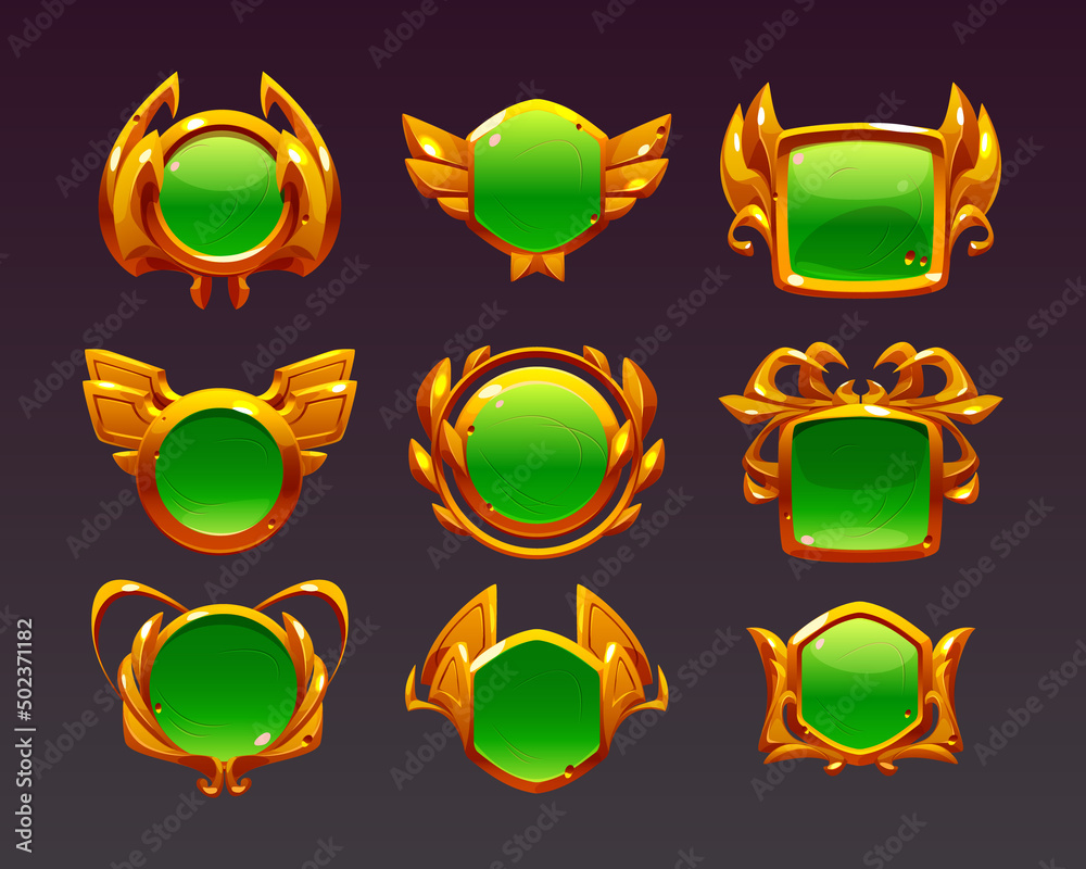 Game level golden ui icons, buttons, empty badges or banners with green glossy plank, gold wings, laurel wreath or spider legs decor. Isolated award or bonus frames, Vector graphic elements for rpg Game level golden ui icons, buttons, empty badges or banners with green glossy plank, gold wings, laurel wreath or spider legs decor. Isolated award or bonus frames, Vector graphic elements for rpg