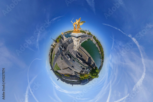 Panoramic 360 degrees aerial view of The Pegasus statue on Alexandre III bridge, Paris, France.