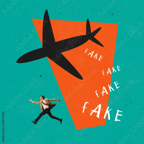 Contemporary art collage. Man runnig away from plane dropping fake infromation isolated over green background photo