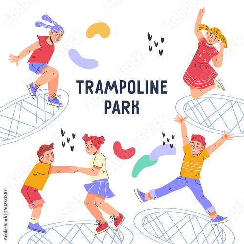 Trampoline park kids entertainment banner or poster template, flat vector illustration. Flyer or banner design to advertise trampoline jumping for children.