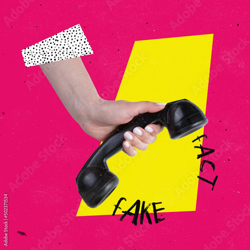 Contemporary art collage. Female hand holding phone handset that telling fake information isolated over pink background photo