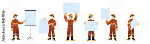 Fireman in helmet hold blank banners. Vector flat illustration of professional firefighter man in red protection costume with empty blue posters isolated on white background