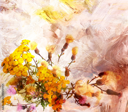 Floral backgroud with stylized bouquet of wild flowers on grunge stain , striped backdrop in white, yellow, beige, brown colors