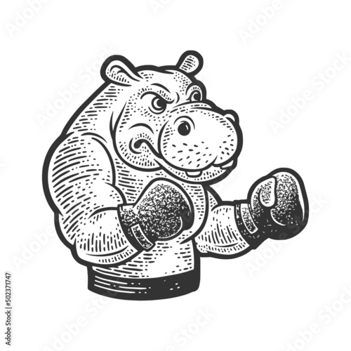 hippopotamus boxer sketch engraving vector illustration. T-shirt apparel print design. Scratch board imitation. Black and white hand drawn image.