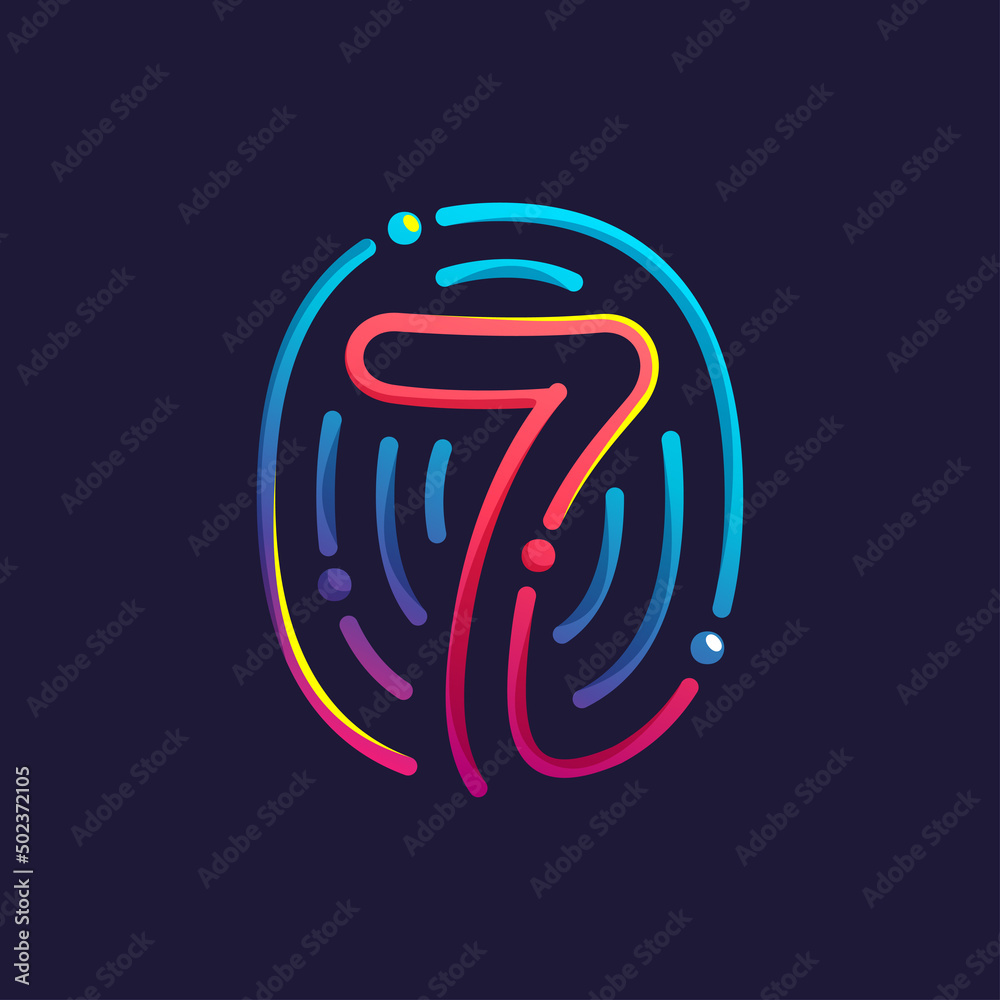 Number seven logo made of fingerprint. Multicolor line icon with vivid gradients and shine. Number seven logo made of fingerprint. Multicolor line icon with vivid gradients and shine.