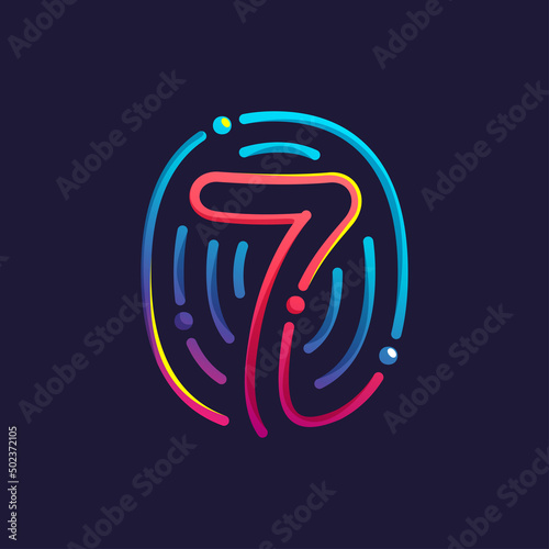 Number seven logo made of fingerprint. Multicolor line icon with vivid gradients and shine.