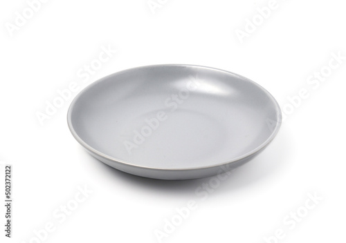 Gray ceramic plate isolated on white background.