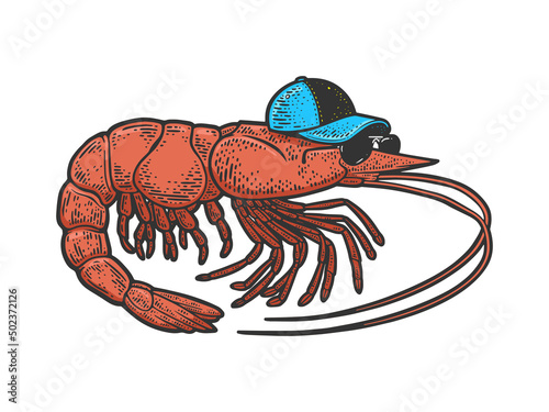 Cartoon shrimp with cap and sunglasses color sketch engraving vector illustration. T-shirt apparel print design. Scratch board imitation. Black and white hand drawn image.