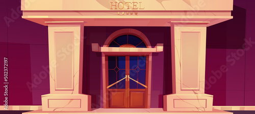 Luxury hotel building exterior. City guest apartments entrance. Vector cartoon illustration of expensive hotel front with double doors, marble columns and five gold stars on facade