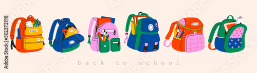 Set of different school backpack and schoolbag. Collection of colorful children bags with stationary, textbooks. Hand drawn vector illustration isolated on white background. Modern flat cartoon style. photo
