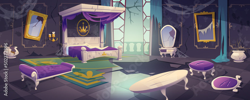 Abandoned bedroom in royal castle or palace. Vector cartoon illustration of old messy princess room interior with broken furniture, canopy bed, mirror in gold frame, couch, torn curtains and carpet