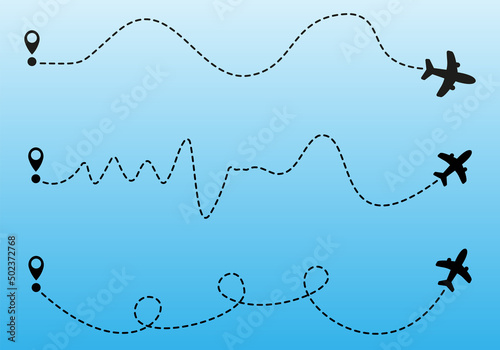 Airplane routes on white background. Romantic travel concept. Airplane line path, vector icon of air plane flight route on white background. Vector illustration.