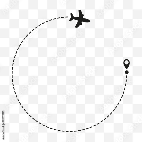 Airplane routes on white background. Romantic travel concept with circle line path. Airplane line path, vector icon of air plane flight route on white background. Vector illustration.