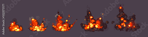 Cartoon dynamite or bomb explosion fire animation sprite sheet, sequence frame. Boom clouds and smoke elements for ui game. Dangerous explosive detonation, atomic comics detonators isolated vector set