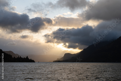 Sunrise and dramatic clouds in the Columbia River Gorge