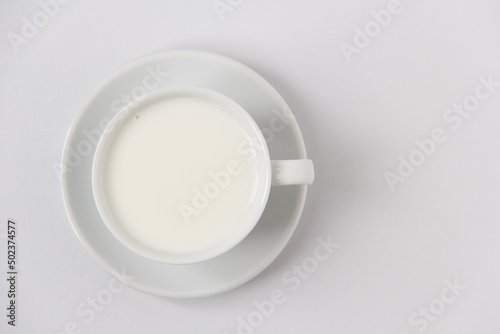 Cup of milk top view on a white background. 
