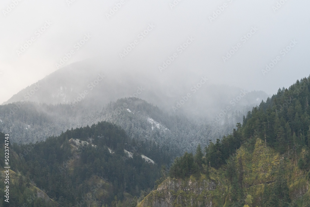 Recent snowfall on hills in the Cascade Mountain Range