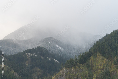 Recent snowfall on hills in the Cascade Mountain Range