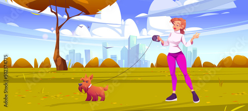 Woman walk with dog in city park. Female character in casual clothes spend time with pet at outdoor public place. Summer time relax, leisure, communication with animal, Cartoon vector illustration