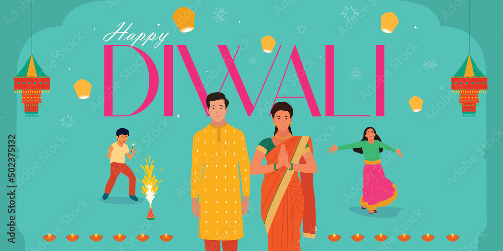 Happy Diwali typography with Illustration of Indian Family celebrating festival banner background