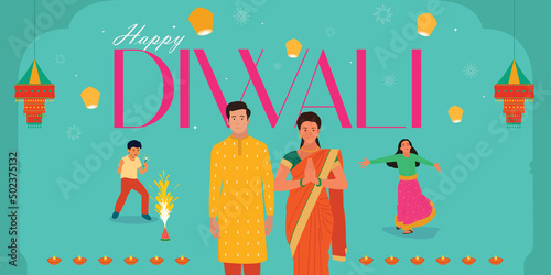Happy Diwali typography with Illustration of Indian Family celebrating festival banner background
