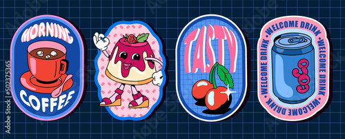A set of stickers with desserts and drinks. With text and textures on a blue background.