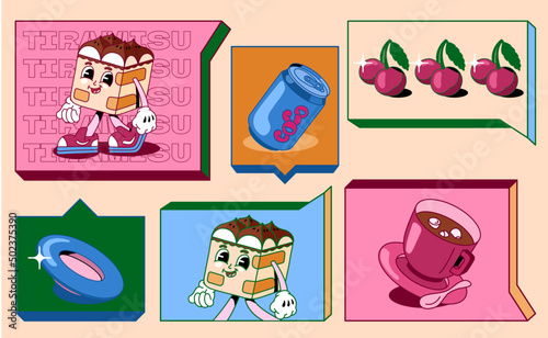 A set of stickers in the style of the 90s. Cartoon tiramisu with geometric bubbles on a brown background.