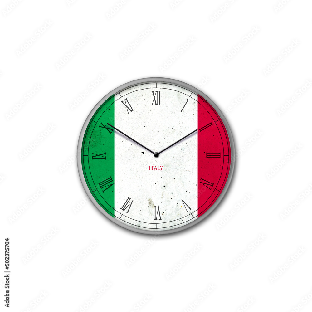 Wall clock in the color of the Italy flag. Signs and symbols. Isolated on a white background. Design element.