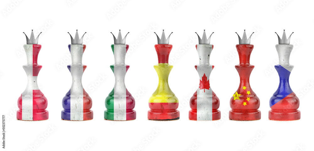 Chess queens in the colors of the flag of different countries. Isolated on a white background. Sport. Politics. Business. Chess queens in the colors of the flag of different countries. Isolated on a white background. Sport. Politics. Business.