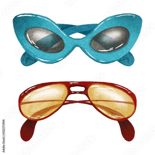 Hand Drawing Set of Sunglasses. Beautiful Summer Accessories. Blue qnd Red Colors. Use for poster, stickers, print, shop, design